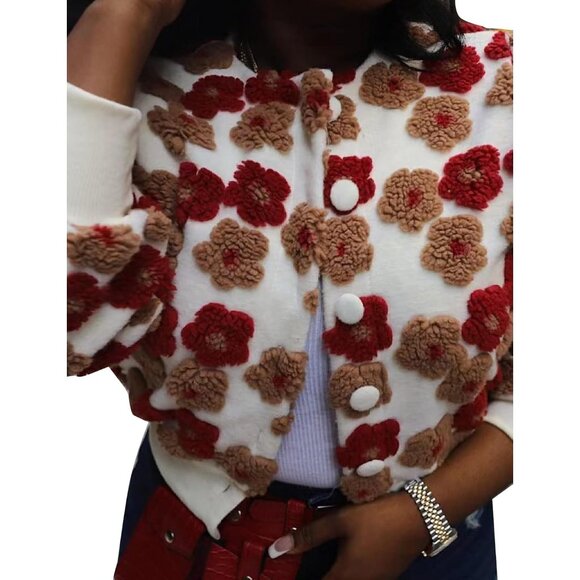 〽️Women's Red Khaki Flygo Cropped Floral Print Bomber Fleece Varsity Jacket